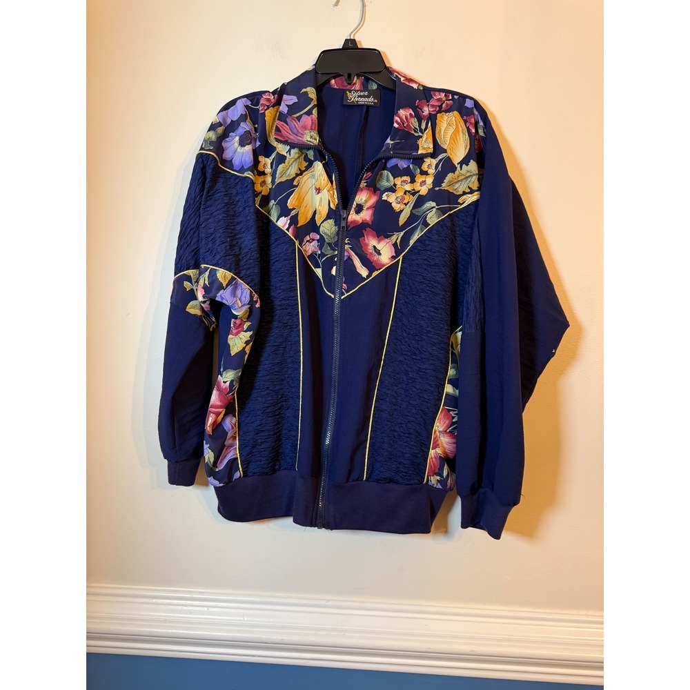 Silver Threads Jacket Women L Vintage Floral Navy Blue Windbreaker 80s 90s Retro